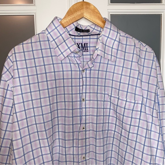 EUC Men’s Size 18 34/35, XMI Platinum Blue & Pink Plaid Button Down Dress Shirt - Picture 6 of 13